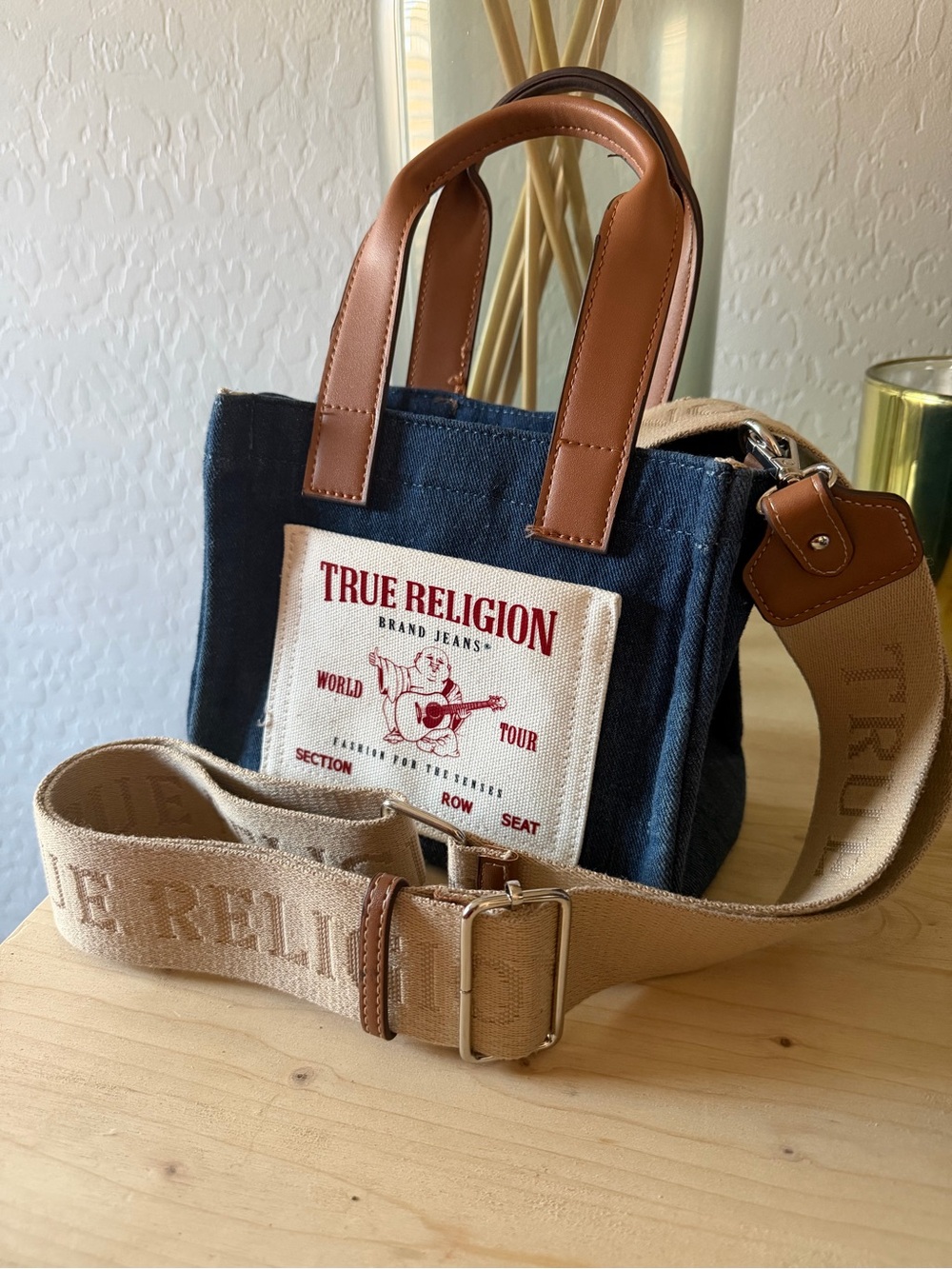 True Religion Denim Mini Tote with Red Logo and Brown Handles - Picture 2 of 7